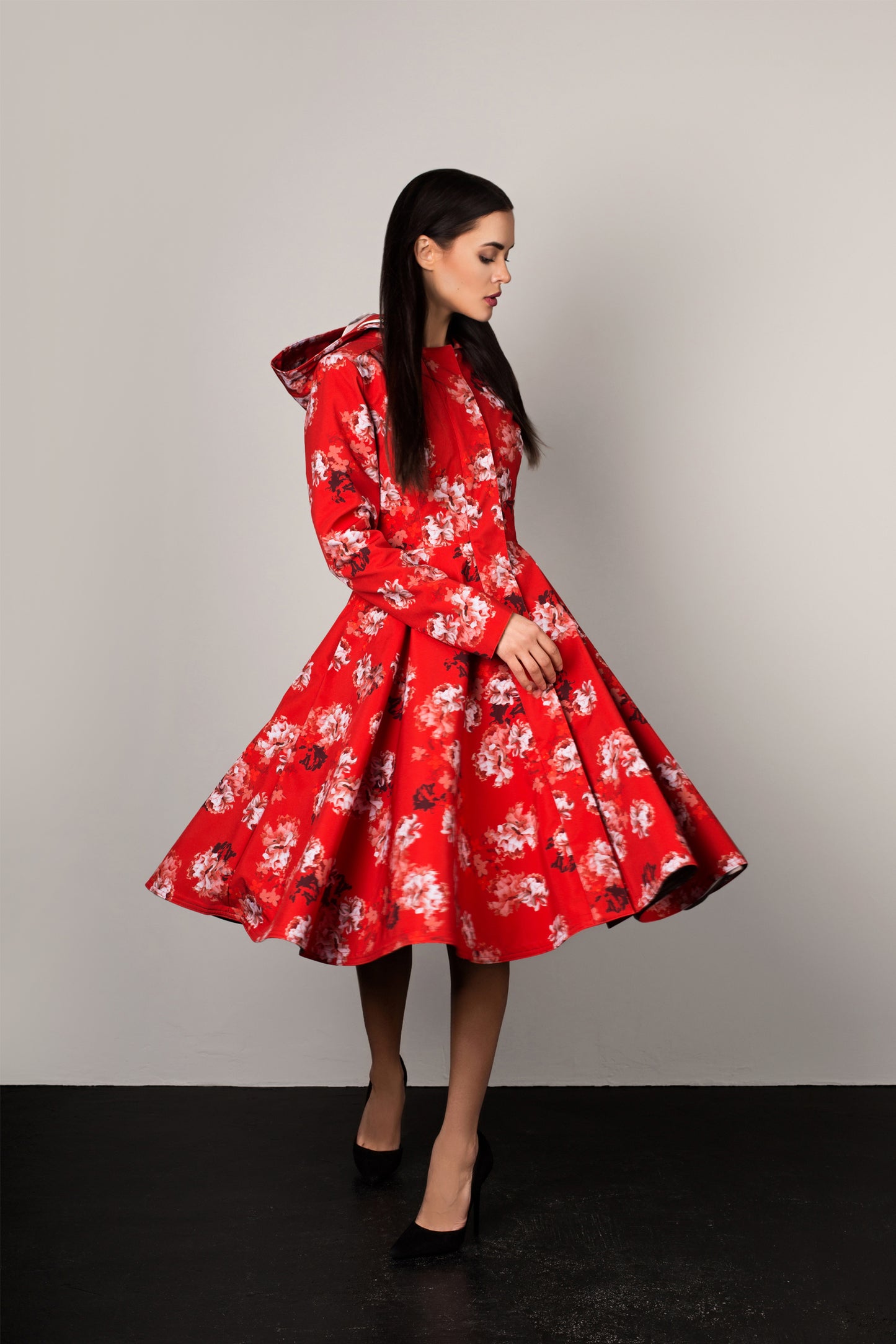 Red Hooded Swing Coat with beige stylised peony flower print