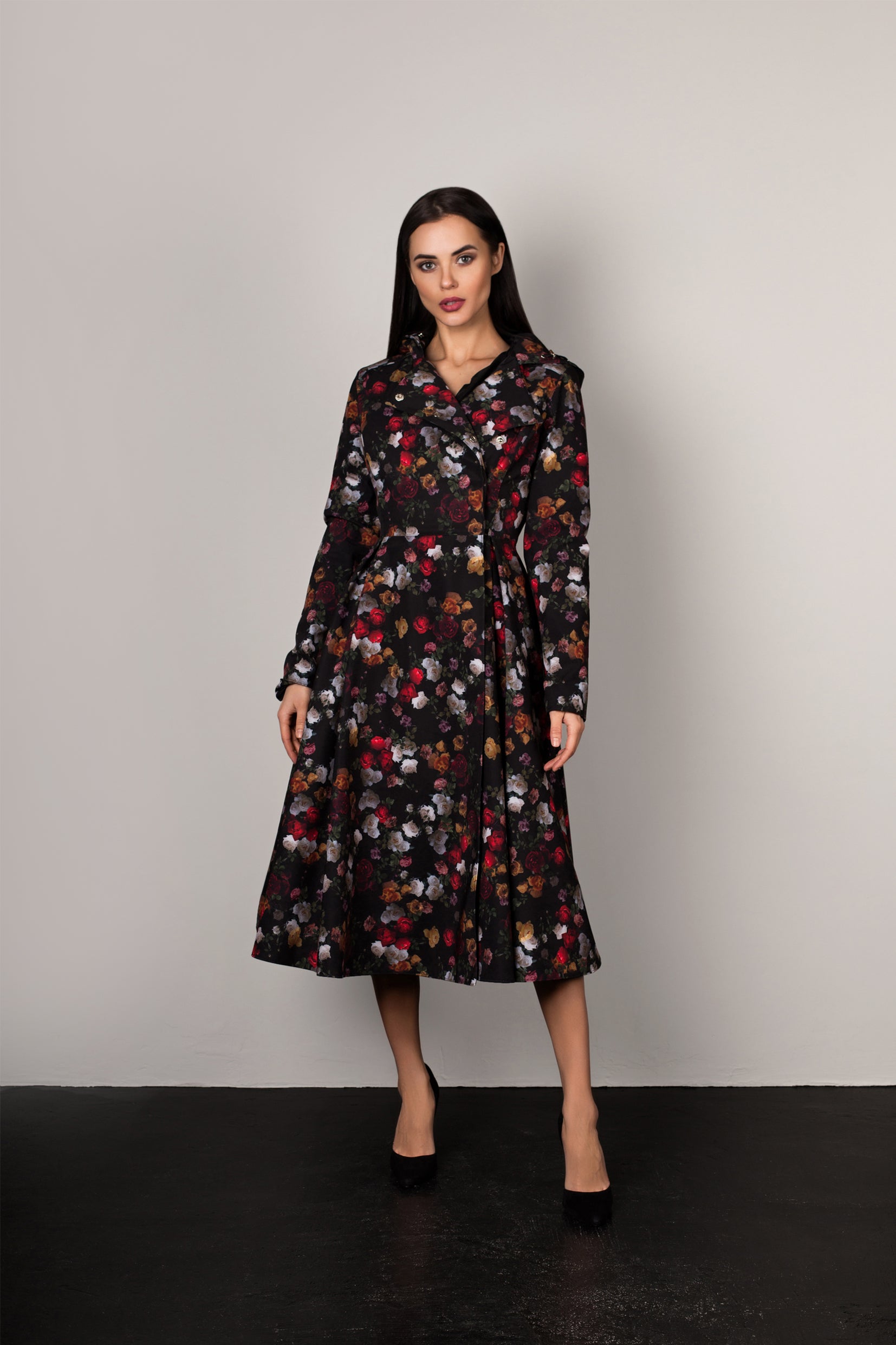 Waterproof Women's Long Double Breasted Peacoat with Rose Flower Print