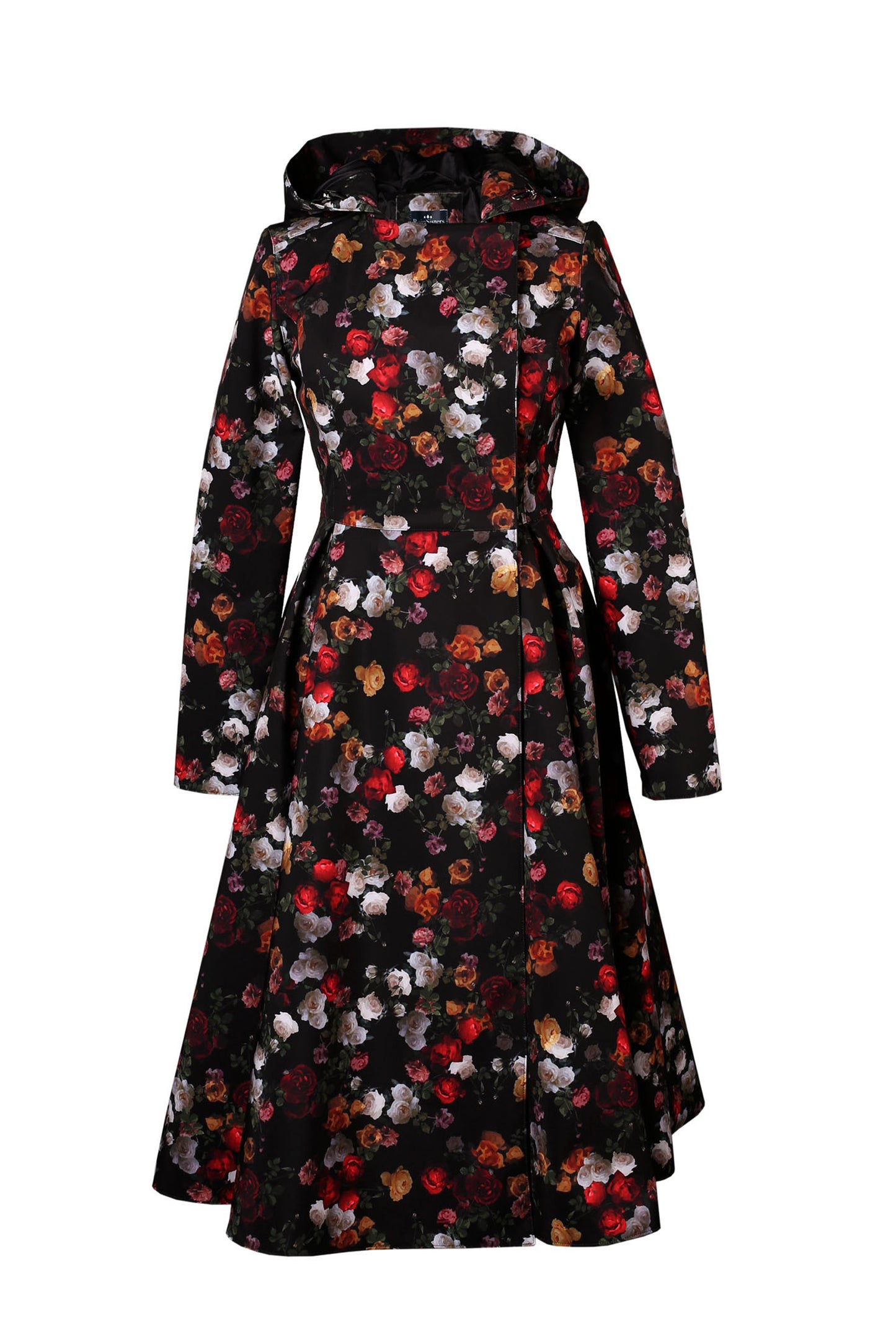 Colorful Women's Long Double Breasted Peacoat with Hood and Rose Flower Print