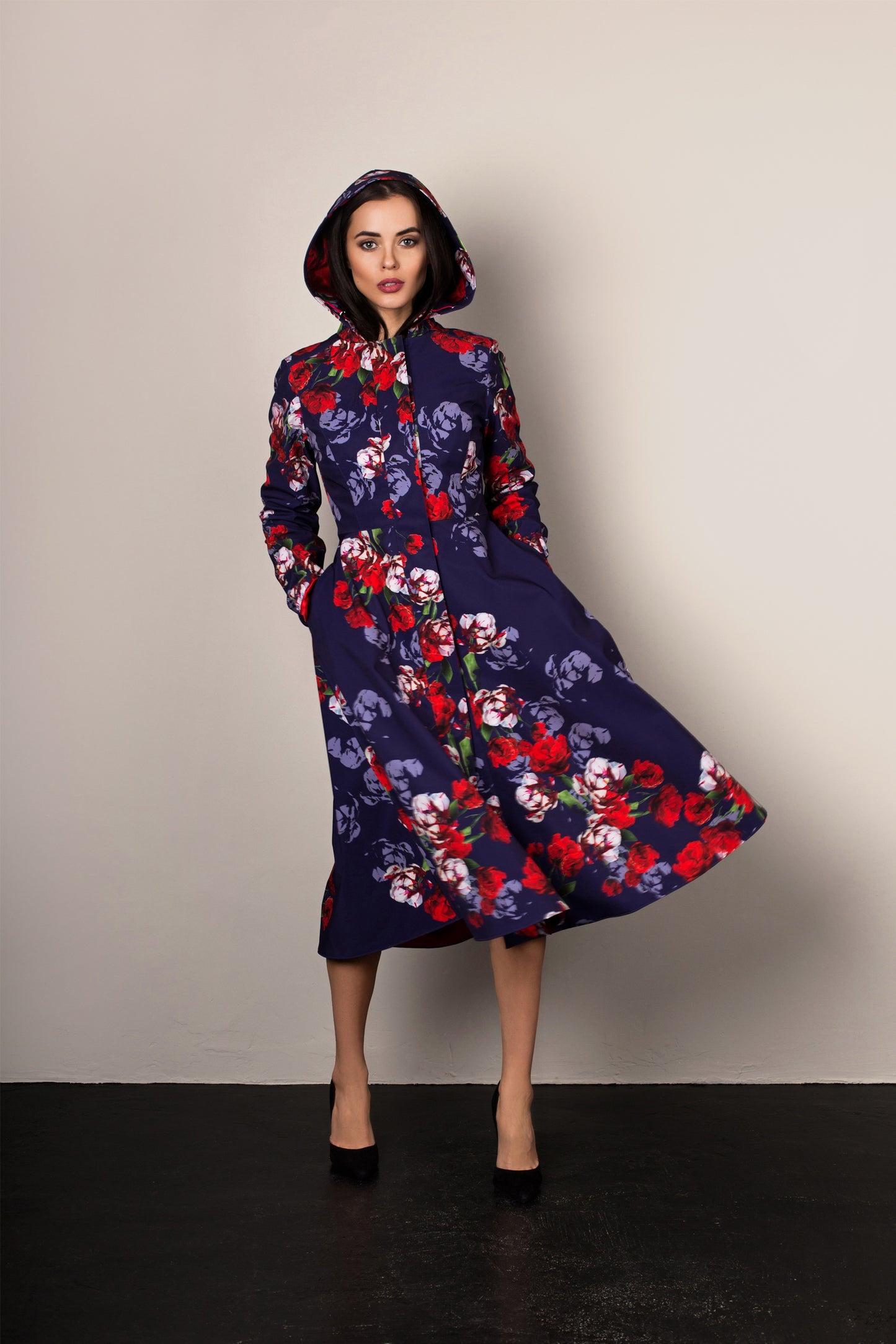Hooded Blue and Red Designer Coat with Floral Print