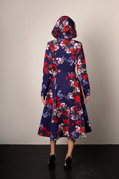 Fit and Flare Coat for Women with Hood and Floral Print