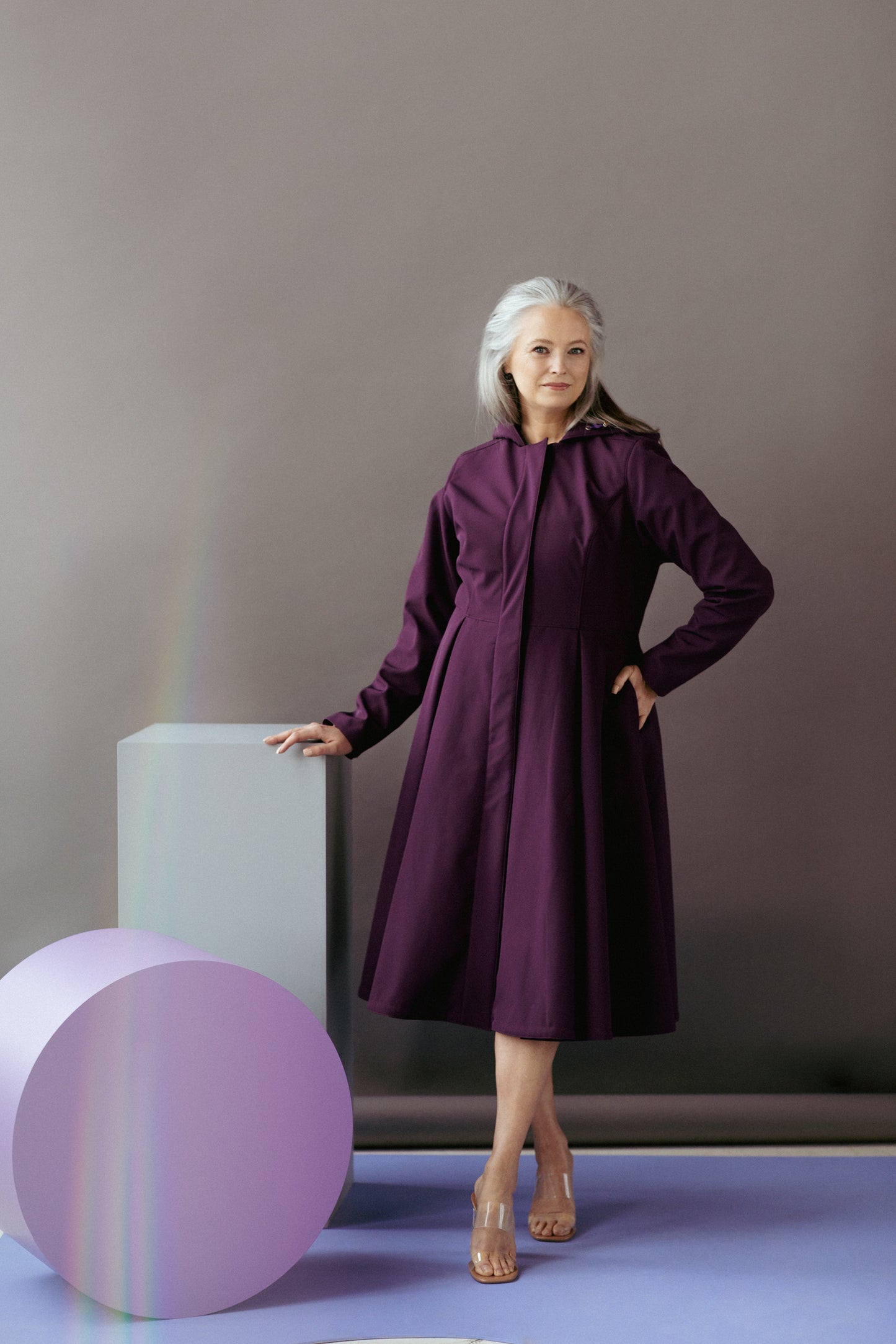 Long Purple Coat with fitted and flared cut