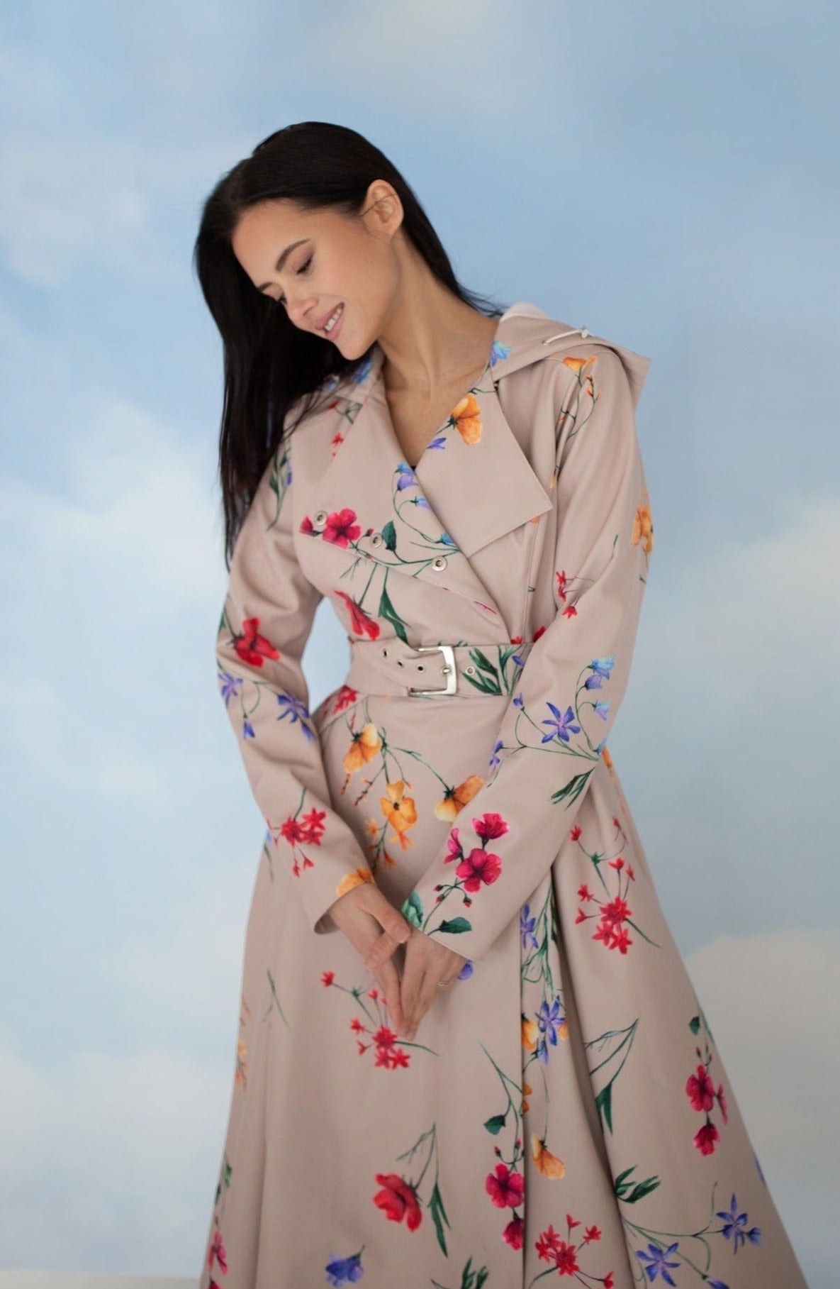 Double Breasted Trench Coat in Beige with Flower Print | Spring Bloom   RainSisters