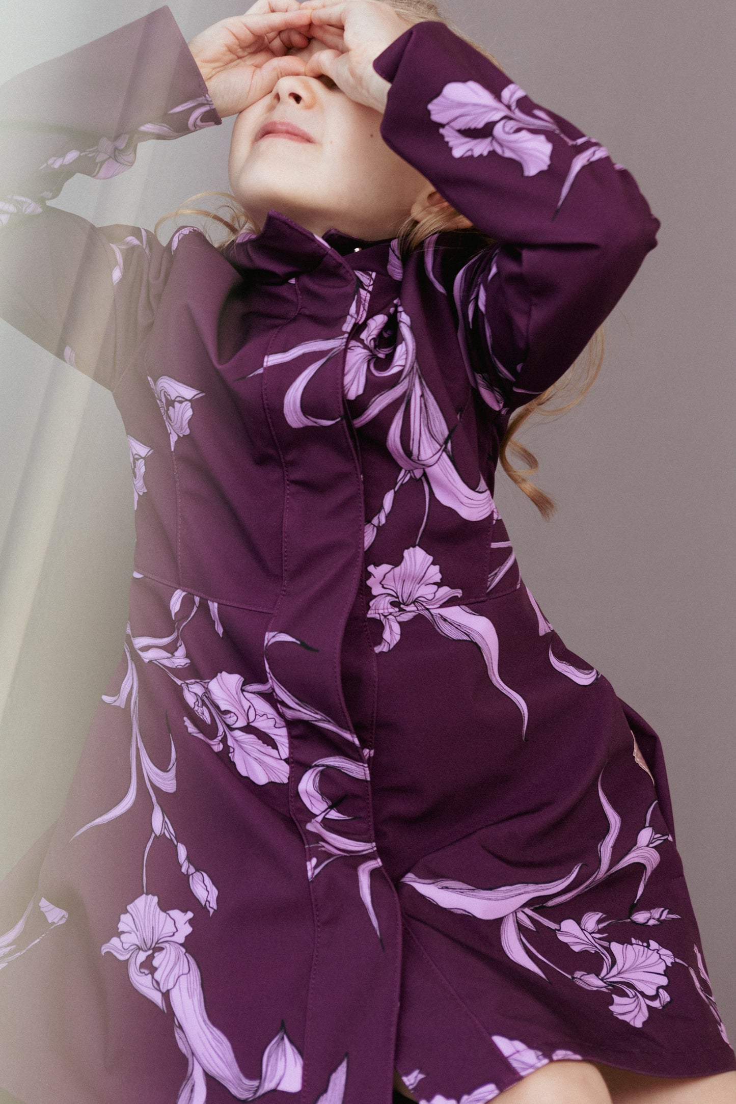 Waterproof Purple Coat for Girls with hood and light purple iris flower print