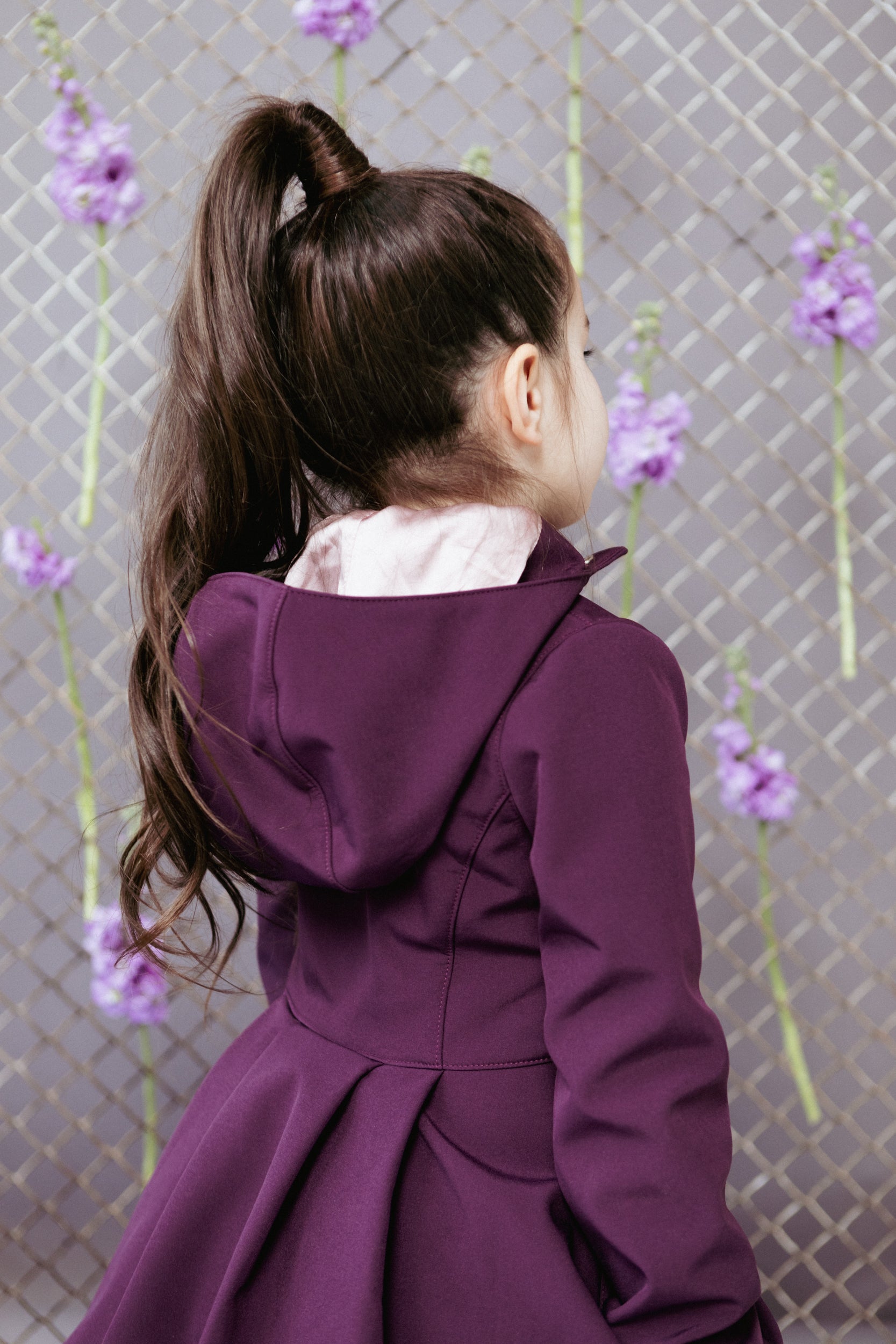 Hooded Dark Purple Raincoat for Girls with pleating on the back
