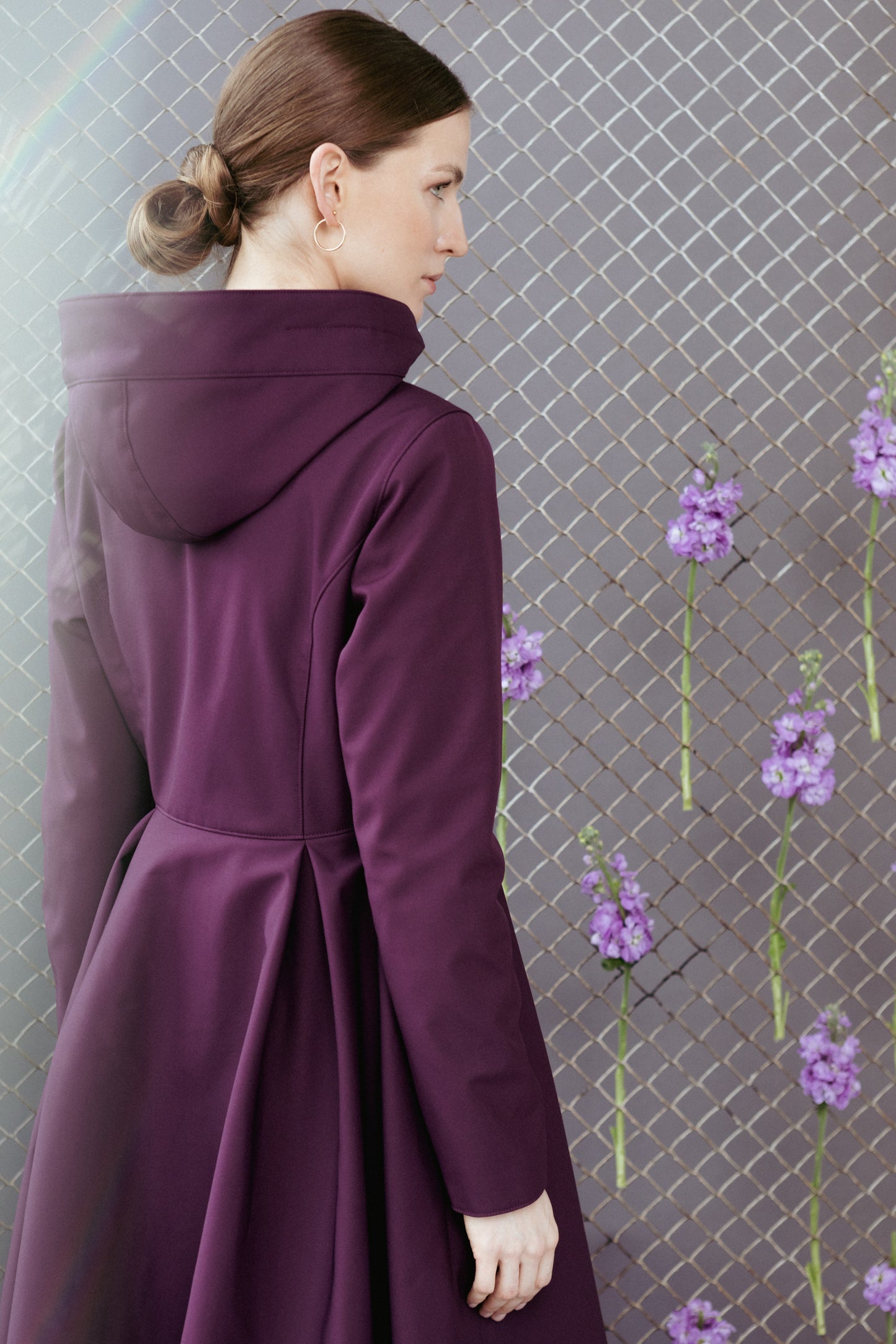 Waterproof Long Purple Coat for Women with pleated skirt part
