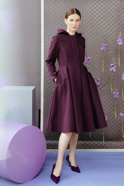 Waterproof Long Purple Coat for Women with fitted top part and pleated skirt part