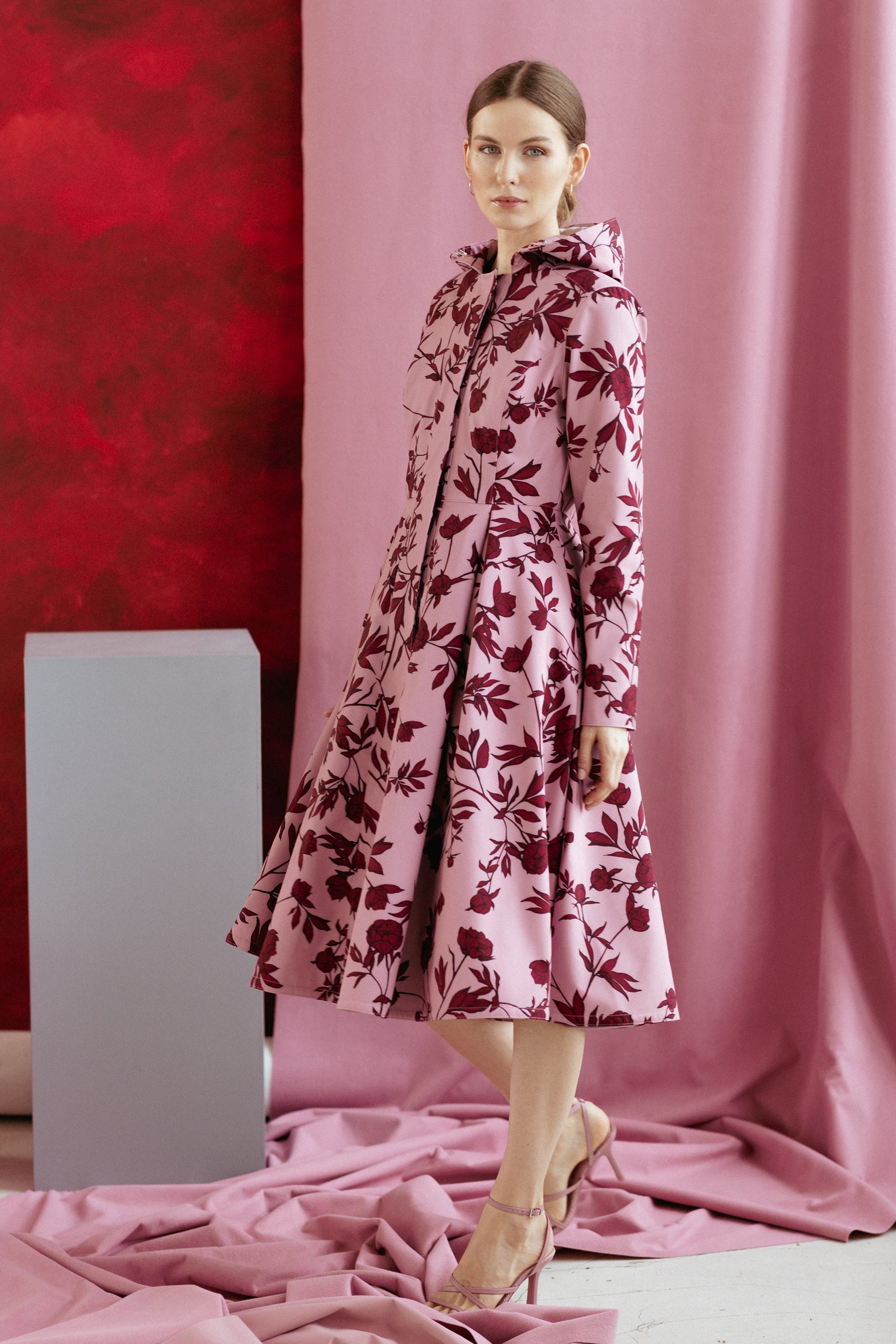 Waterproof Long Pink Coat with Hood and burgundy coloured peony flower print