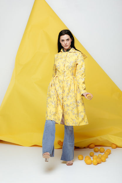 Waterproof Yellow Coat for Women with pleated skirt part