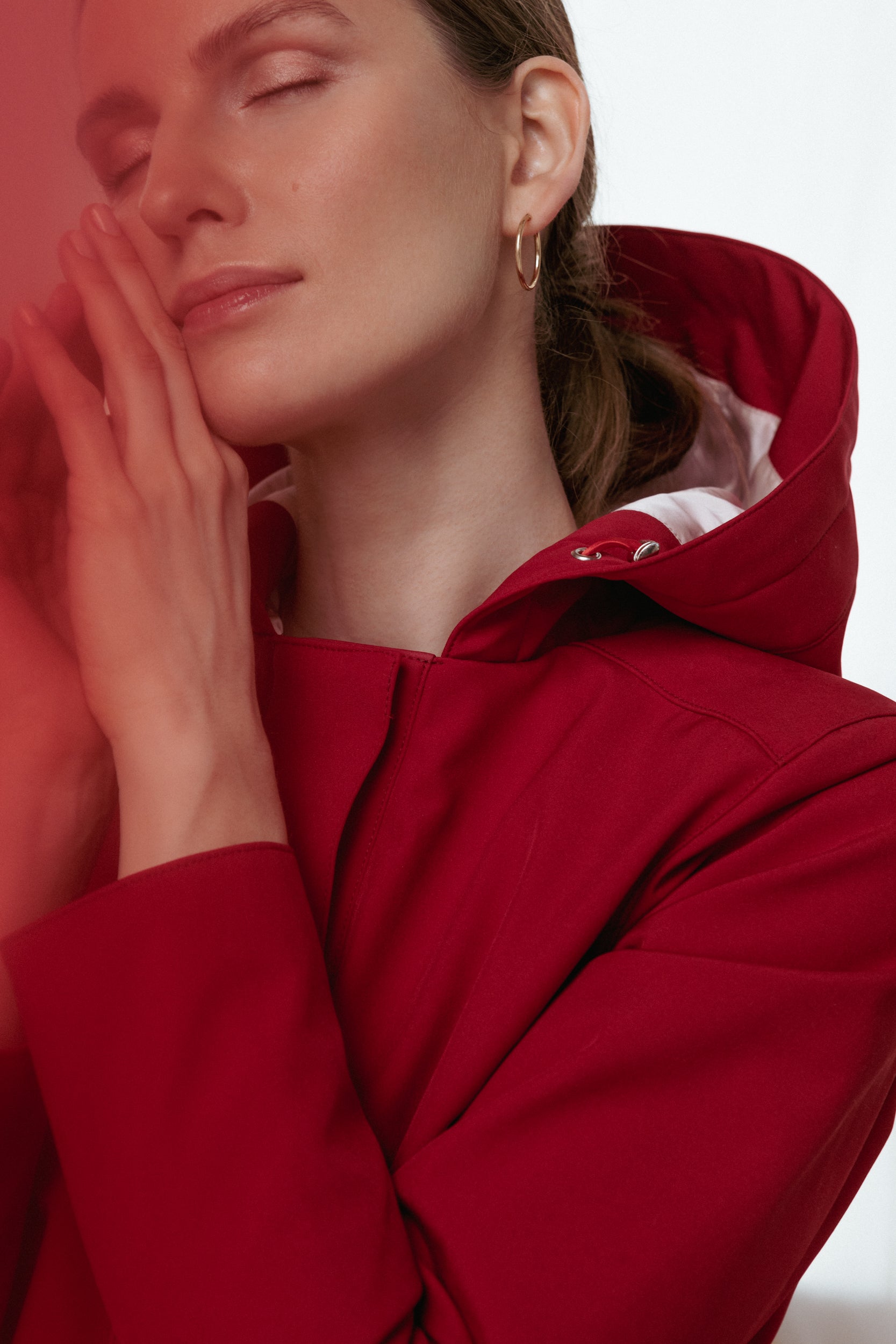 Dark Red Coat with adjustable hood and light pink lining