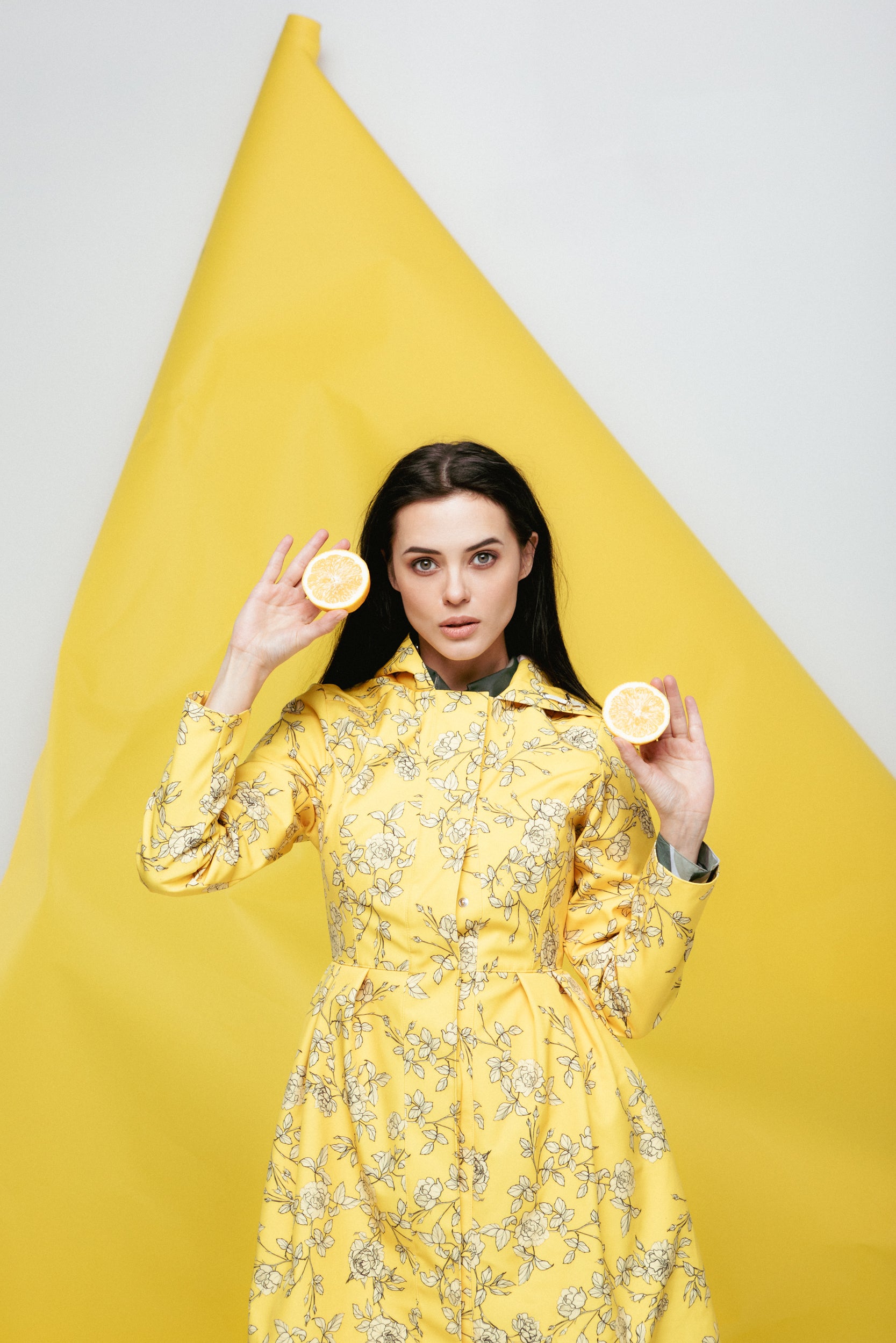 Waterproof Yellow Coat with off-white floral print