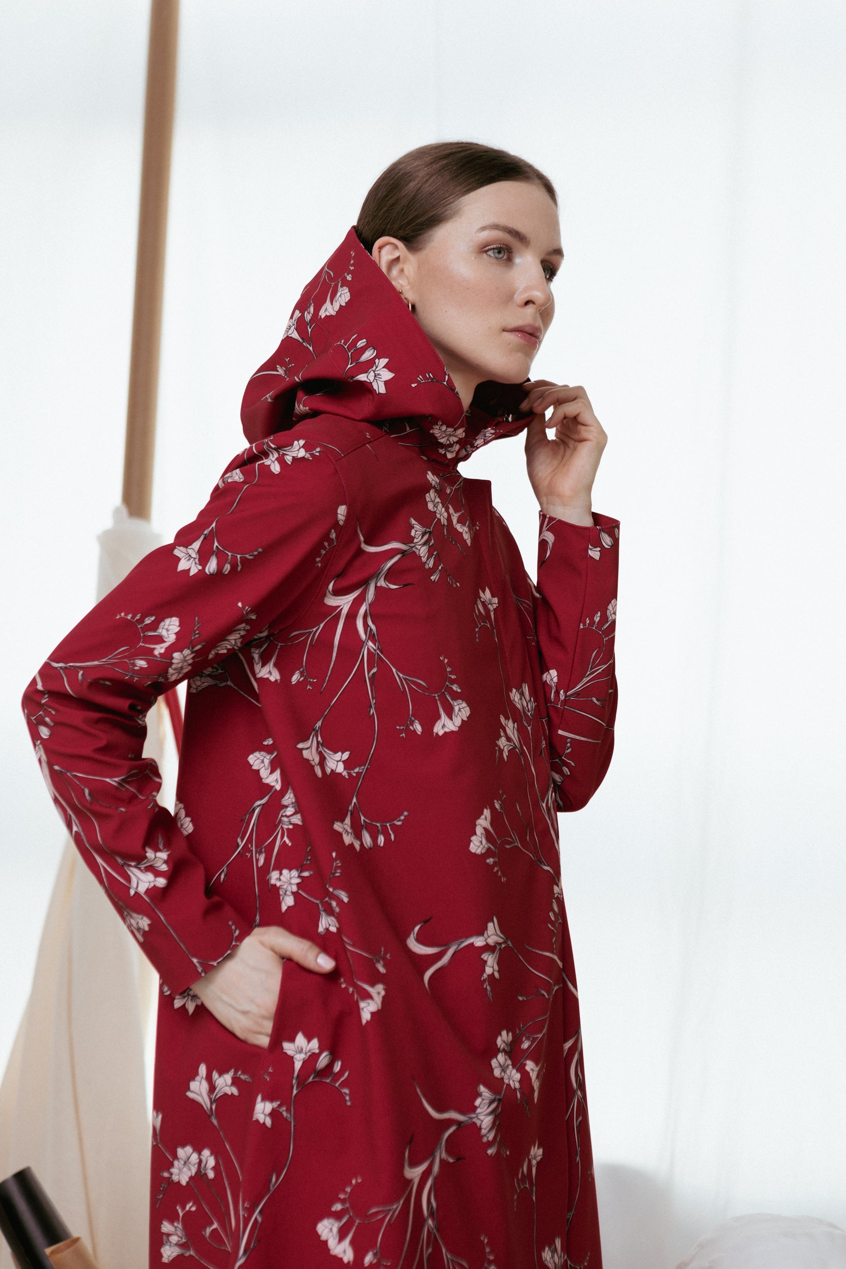 Hooded Women’s Red Raincoat with pockets