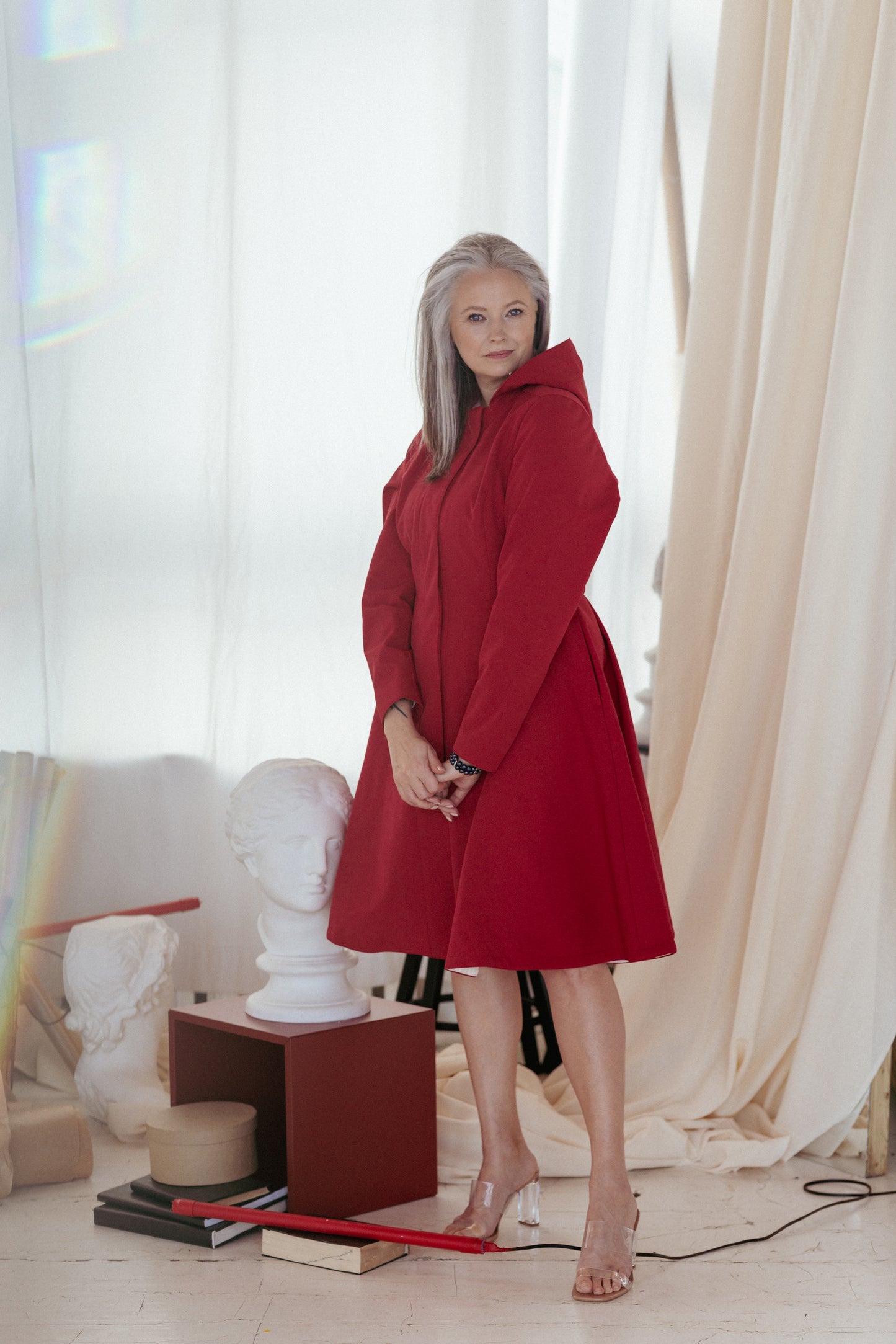 Fitted and flared Red RainCoat for Women