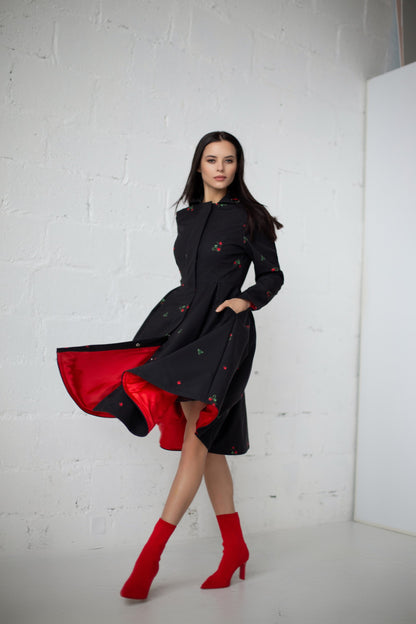 Black Waterproof Coat with Cute Red Strawberry Print