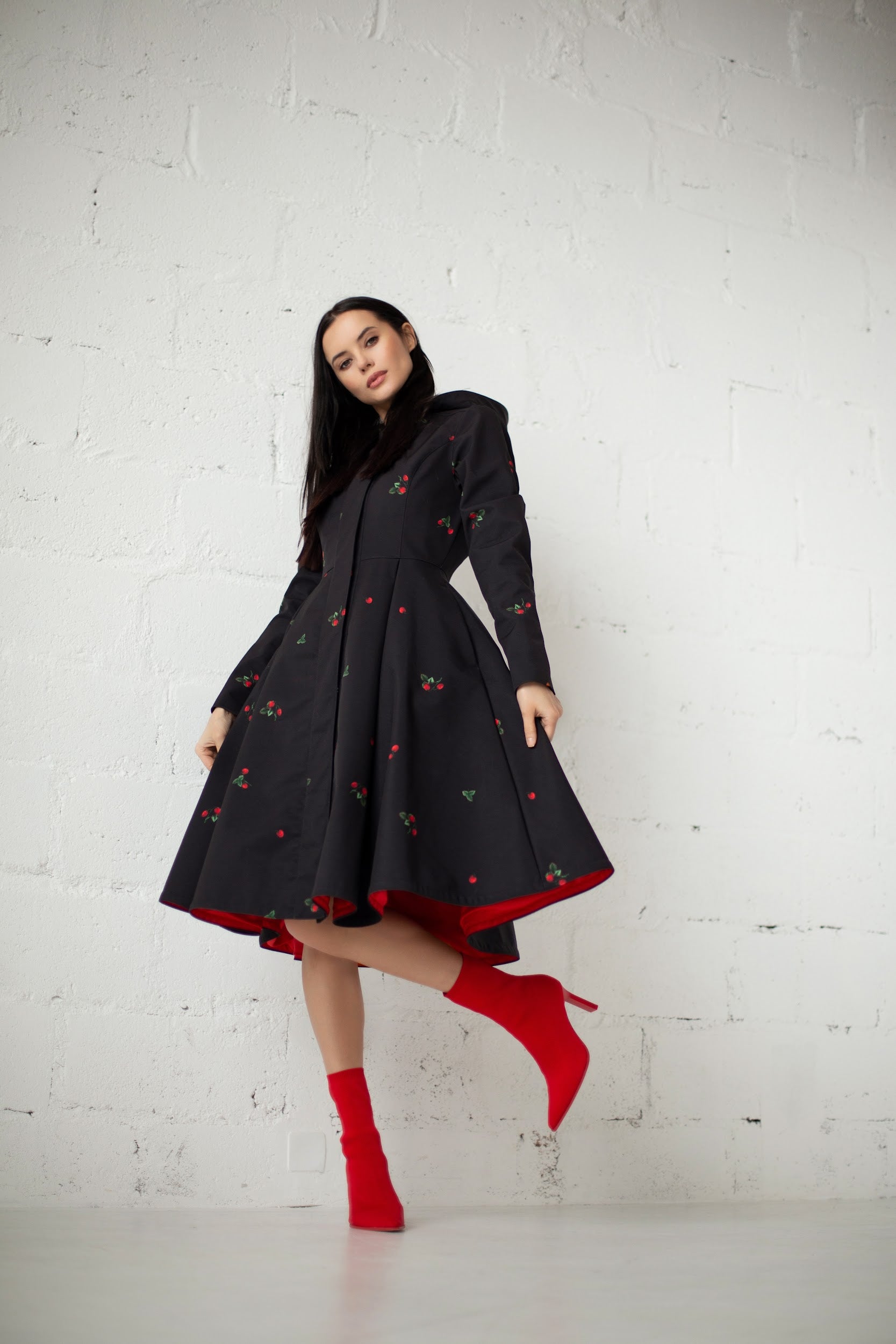 Black Fitted Coat with Pleated Skirt and Strawberry Print