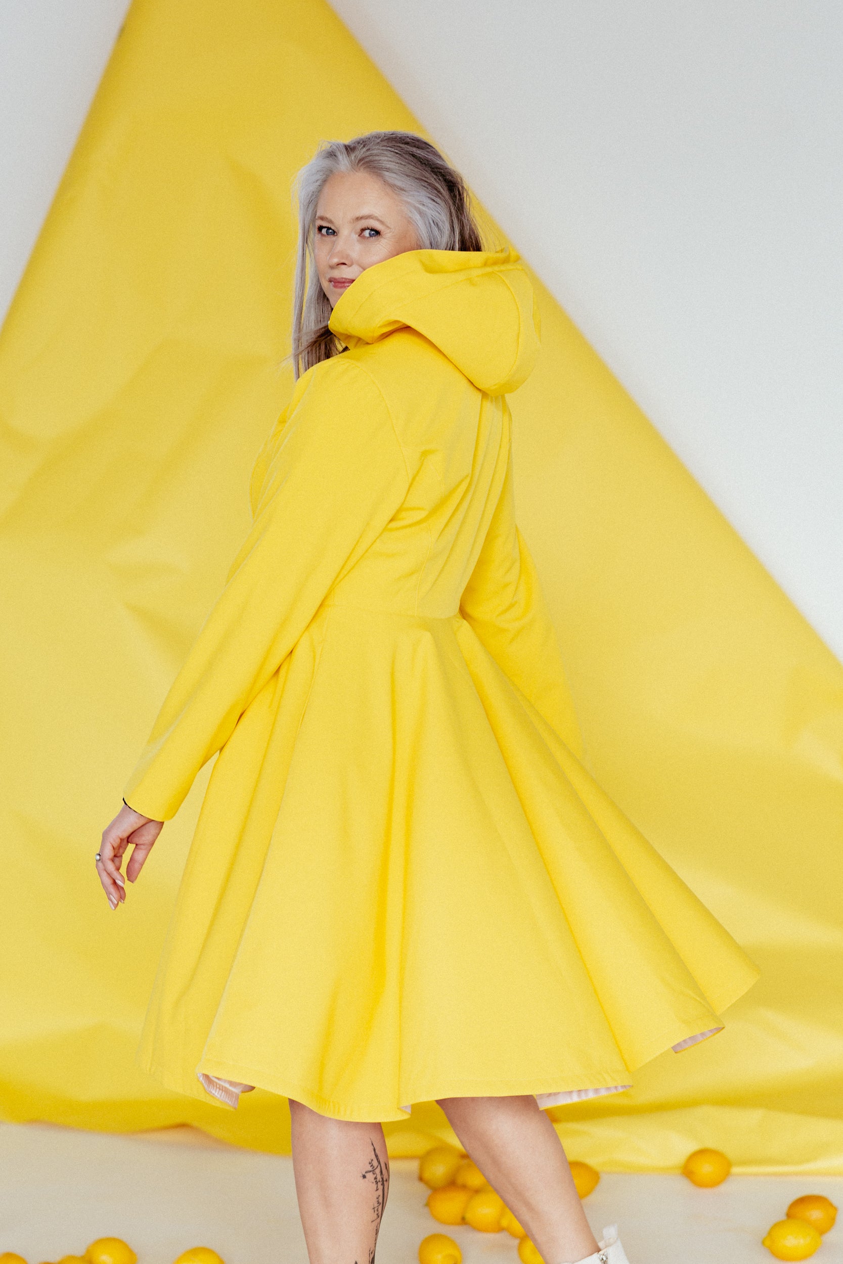Fitted and Flared Coat with Full Circle Skirt in Bright Yellow