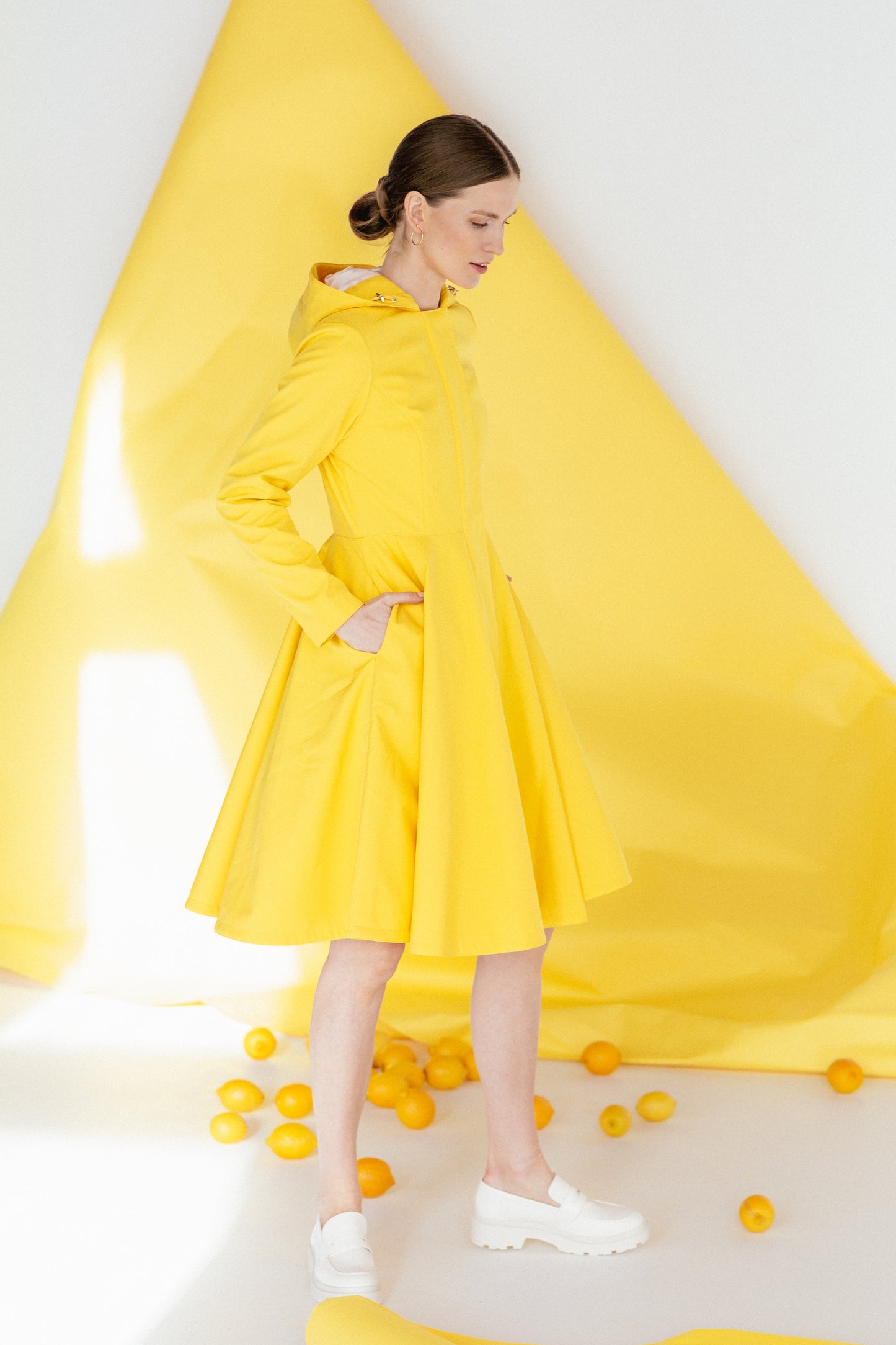RainSisters Yellow Sun coat - feminine full-circle skirt and radiant color