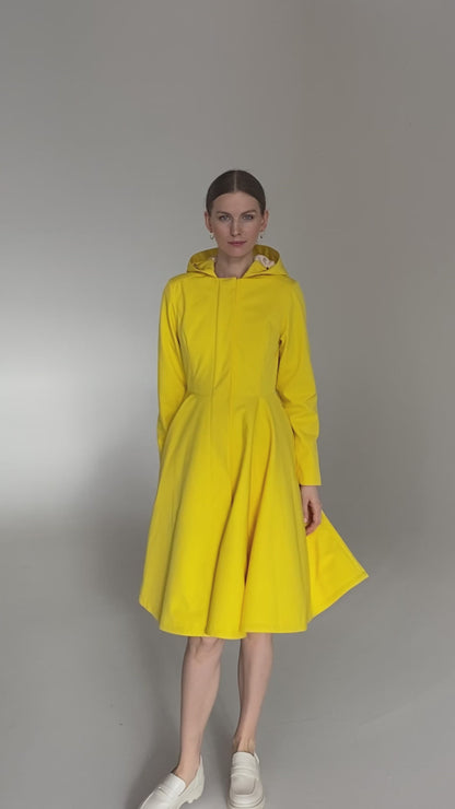 Yellow Raincoat for Women with fitted top and flared skirt part