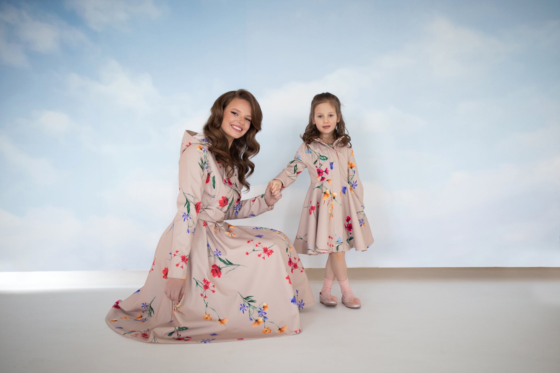 beige mommy and me set with colorful flower print