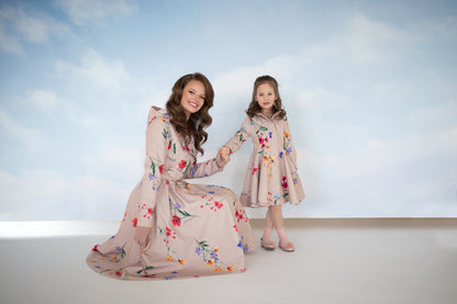 beige mommy and me set with colorful flower print
