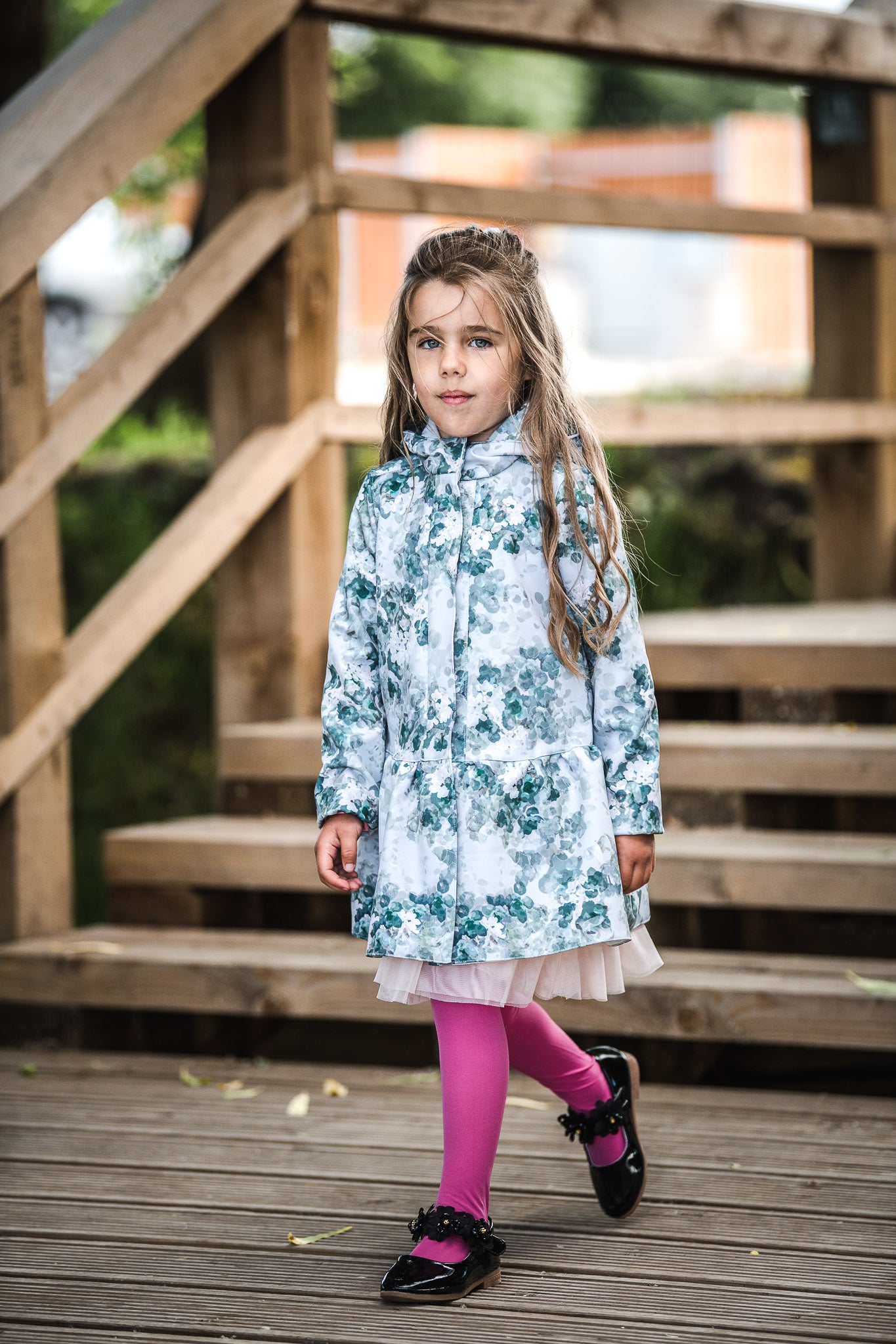 Green Floral Trapeze Raincoat for Girl front