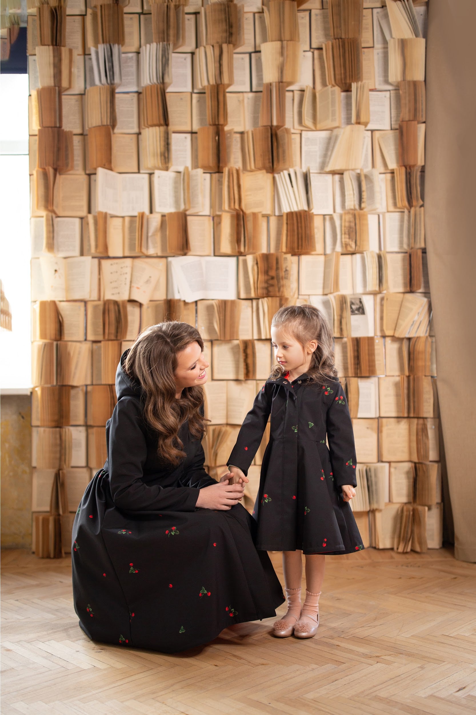 Mommy and me set in black with red strawberry print